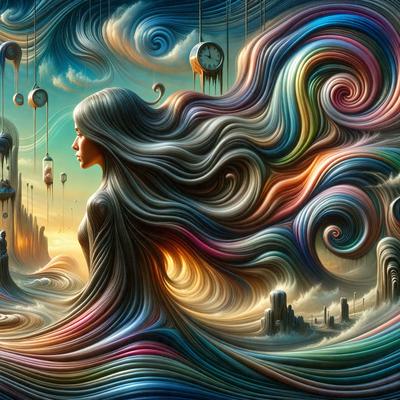The primary subject of the image is a woman with long hair, who appears to be the main focus of the scene. She is surrounded by a vibrant and colorful environment, which includes a clock and various other objects. The setting is a combination of a painting and a digital artwork, creating a visually striking and unique visual style. The colors and mood of the image are lively and energetic, with a strong emphasis on the woman's hair and the surrounding elements.